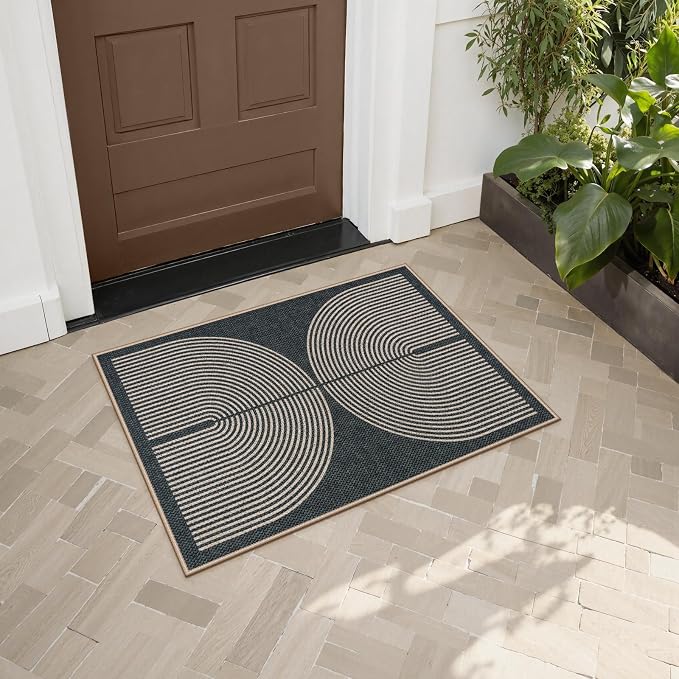 Lahome Enfys Rainbow Indoor Door Mat, 20"x32" Small Black Rugs for Entryway Kitchen Neutral Area Rug, Farmhouse Non Slip Non Shedding Lightweight Floor Carpet for Front Porch