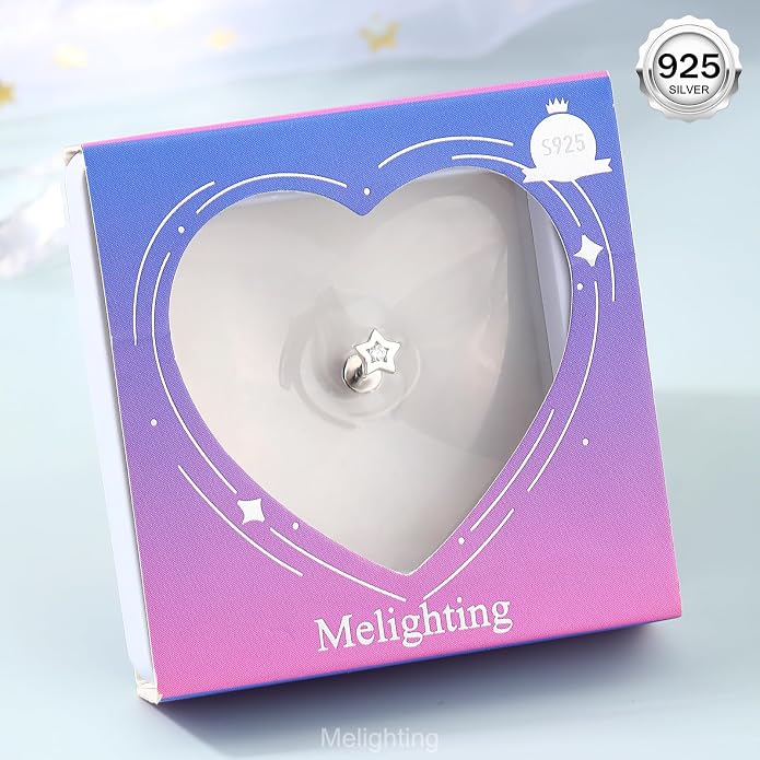 Melighting 16G Sterling Silver 925 Helix Earring Internal Thread 6/8 mm Heart Flat Back Earring Star Lip Stud Labret Cartilage Lip Piercing Jewelry for Women