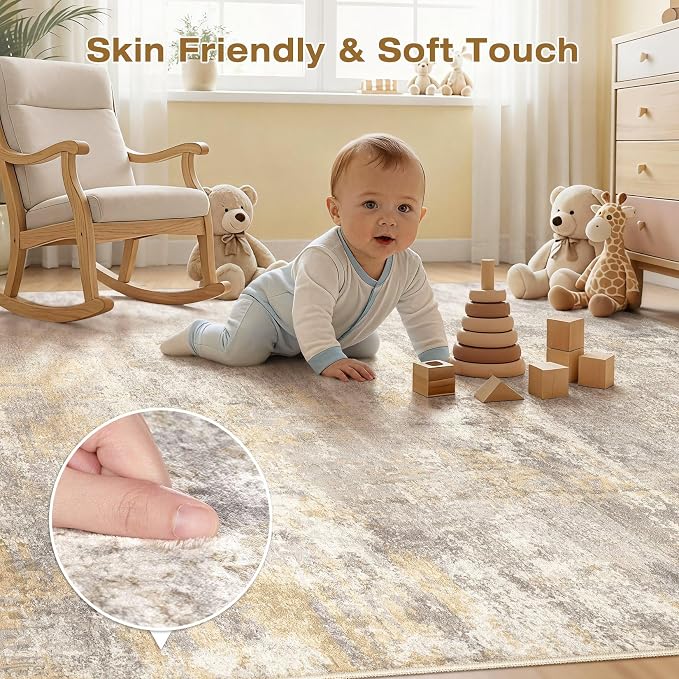 cotiled 9x12 Rugs for Living Room Abstract Soft Non Slip Washable Area Rug | Stain Resistant, Robot Vacuum & Pet Friendly, Low-pile, For Living Room, Bedroom, Dining Table, Nursery Gold/Grey/Brown