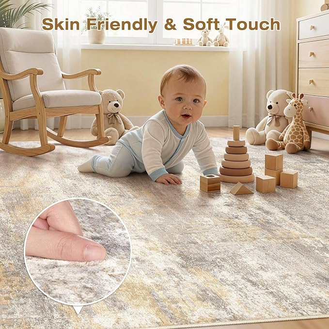 cotiled 5x8 Area Rug Abstract Soft Non Slip Washable Rugs for Living Room | Stain Resistant, Robot Vacuum & Pet Friendly, Low-pile, For Living Room, Bedroom, Dining Table, Nursery Gold/Grey/Brown