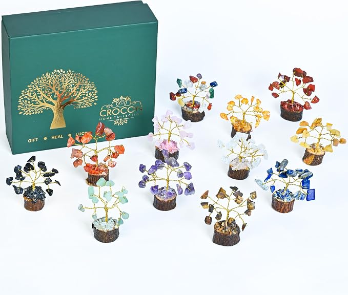 Crocon® Set of 12 Crystals Mini Stone Tree of Life Birthday Gifts for Women, Home & Office Decor, Money Tree Healing Crystals Gift Set Mom & Father Gift Ideas Housewarming Gifts New Home Sister & Dad