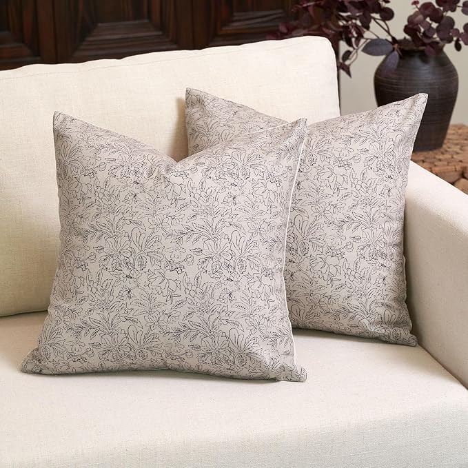 Amor Virisso Floral Throw Pillow Covers 18x18 Set of 2 Vintage Block Print Pillow Covers Decorative Pillow Covers Couch Pillows for Living Room Farmhouse Accent Sofa Pillows, Black/Sand
