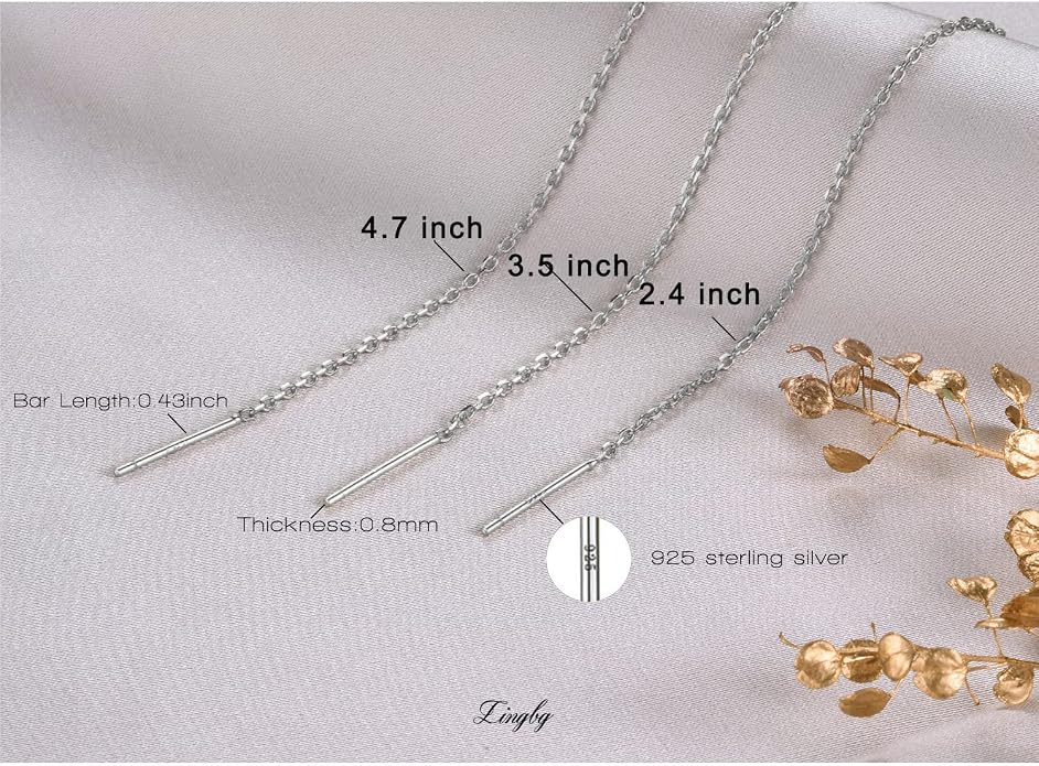 3 Pairs Threader Earrings 925 Sterling Silver Long Chain Earrings Bar/Ball Wrap Threader Drop Earrings for Women Lightweight Minimalist Mother's Day Jewelry Set