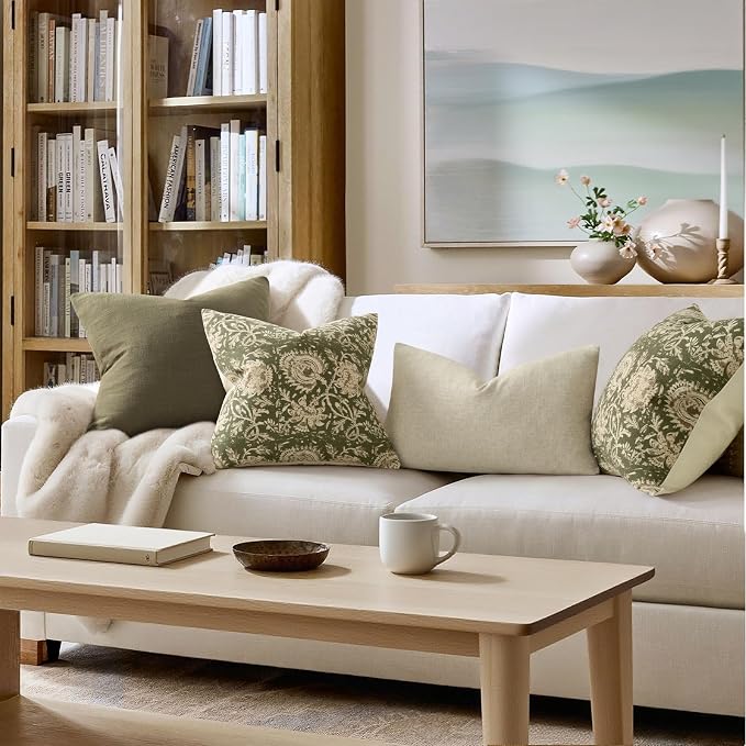Vintage Floral Print Throw Pillow Covers 24x24 Set of 2 Neutral Modern Farmhouse Pillowcases Accent Decorative Cushion Covers Boho Home Decor for Couch Sofa Chair Bed Living Room, Olive Green