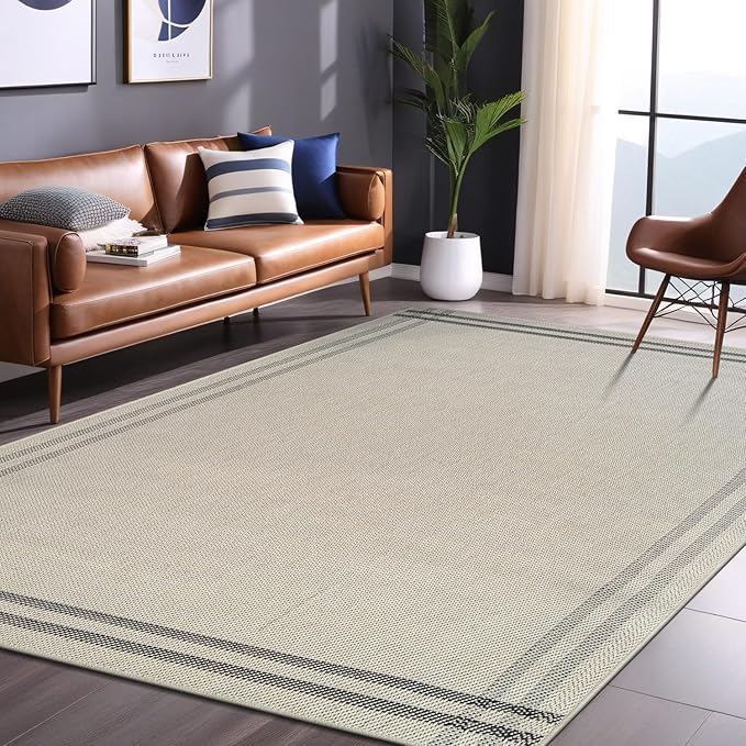 Luul Home Easy Jute Rugs 4x6 Bordered Bone Color Living Room Indoor Outdoor Area Rug for Patio and Kitchen Rug High Traffic Washable Easy to Clean Solid Boho Woven Design Outside Carpet (4 x 6)