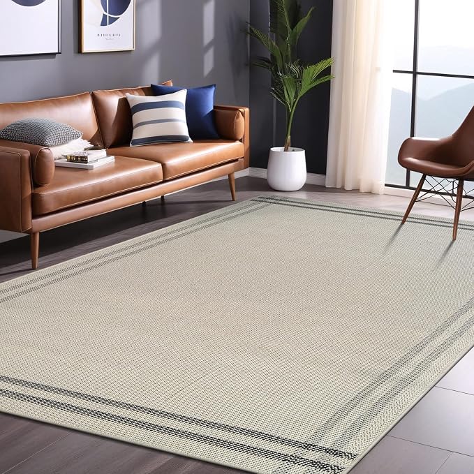 Luul Home Easy Jute Rugs 6x9 Bordered Bone Color Living Room Indoor Outdoor Area Rug for Patio and Kitchen Rug High Traffic Washable Easy to Clean Solid Boho Woven Design Outside Carpet (6 x 9)