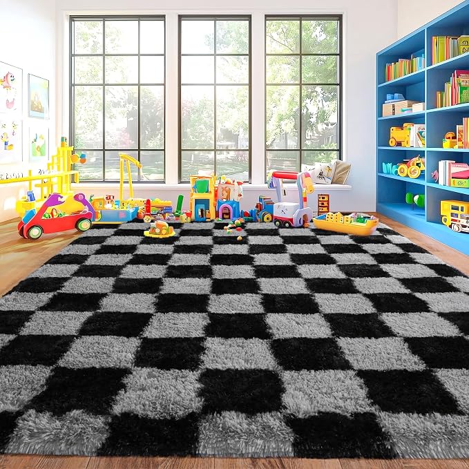 Pionblank 8x10 Area Rugs for Living Room, Fluffy Plush Checkered Rug for Bedroom, Modern Shag Non Slip Soft Furry Large Carpet for Kids Room Nursery Home Decor, Black and Grey
