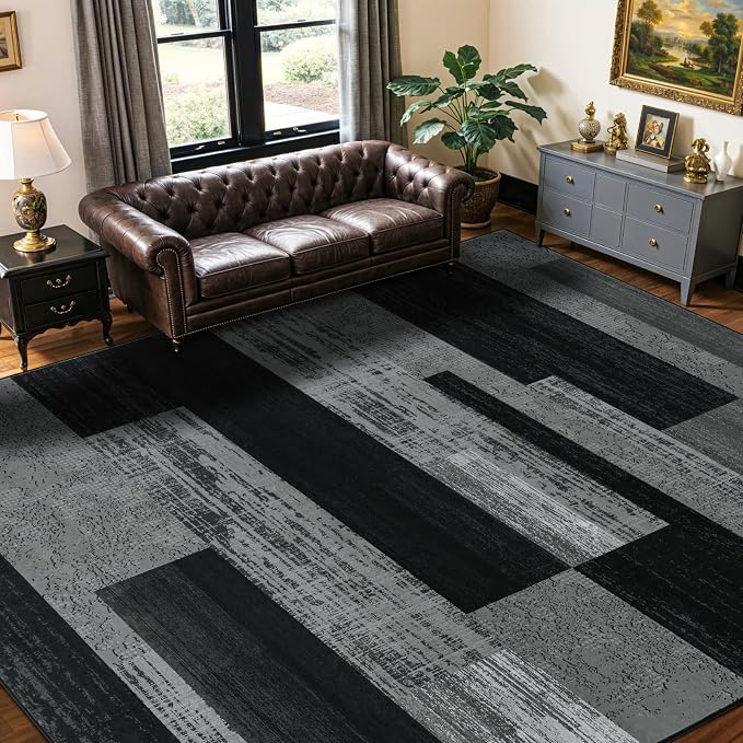 LIANLAM 9x12 Washable Area Rugs for Living Room & Bedroom(9x12,Black&Gray) | Non-Slip Large Carpet,Vintage Checkered Pattern, Stain Resistant Faux Wool Low Pile Soft Rug for Dining Room,Office,Nursery