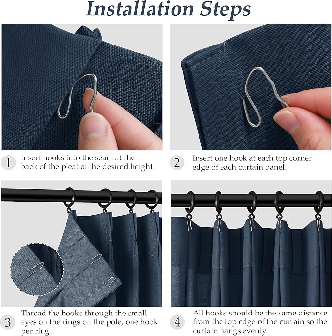 Aersas Denim Blue Pinch Pleated Linen Curtains 90 Inch Length 2 Panels for Living Room Bedroom Semi Sheer Window Curtain Boho Neutral Back Tab Pinch Pleat Drape with Hooks 40x90