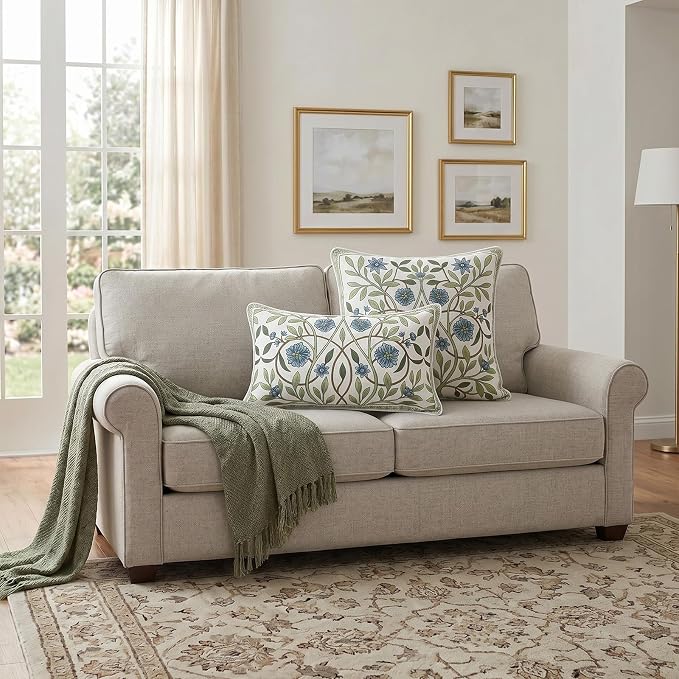 ISAENNE Designer Linen Throw Pillow Cover,Set of 2,20"x12"-Mosella A | French Elegant Rectangle Decor Pillow Cover,Concealed Zipper Design,Floral Pattern,Sofa,Bedroom,Living Room,Lounge Chairs