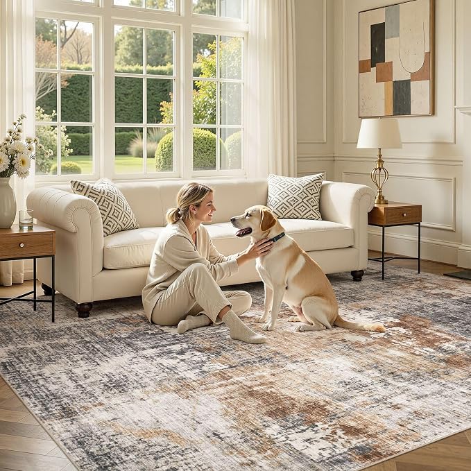 DMOYEST Area Rug Living Room Rugs - 6x9 Washable Large Soft Indoor Neutral Modern Abstract Low Pile Rug Carpet for Bedroom Dining Room Farmhouse Home Office - Grey Brown