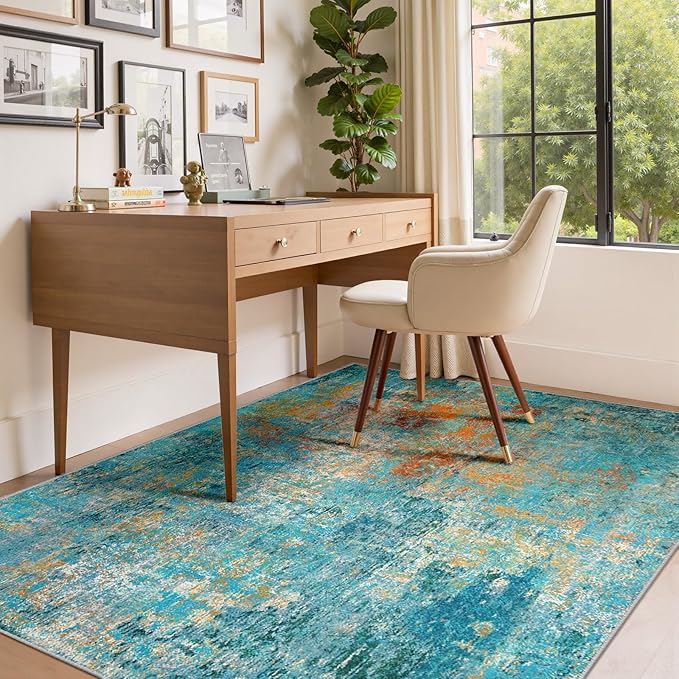 RELEANY Washable Area Rugs 9'x12' Non-Slip Modern Abstract Soft for Living Room Entryway Bedroom Kitchen, Print Pattern, Teal Blue Green Orange Rust Red Coloreful