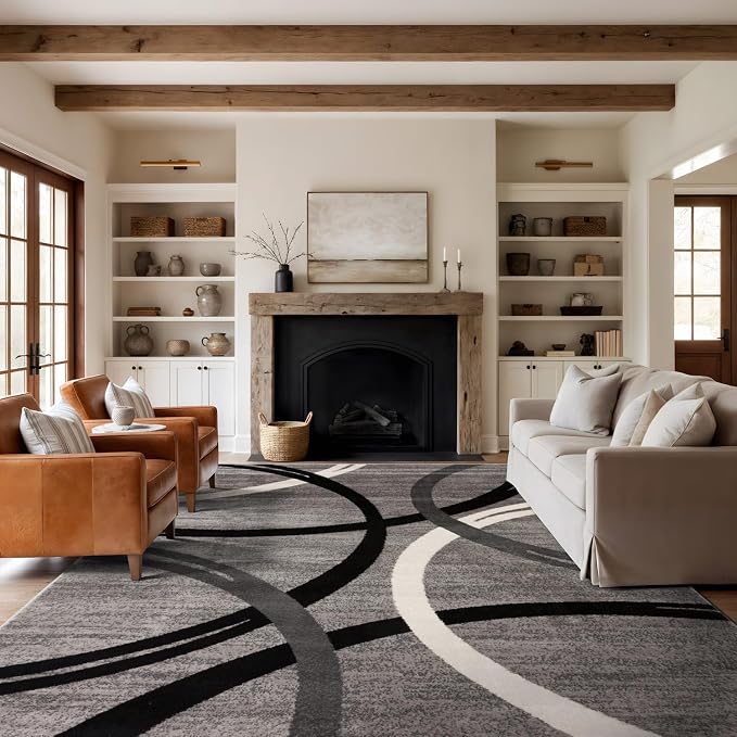 Rugshop Wavy Circles Fade-Resistant Living Room Area Rug Gray 8'8" x 12'