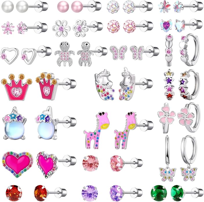 24 Pairs Stainless Steel Flat Back Earrings Set -Secure and Comfortable Screwback Earrings with Diverse Designs, Perfect for Multiple Piercings and Everyday Wear