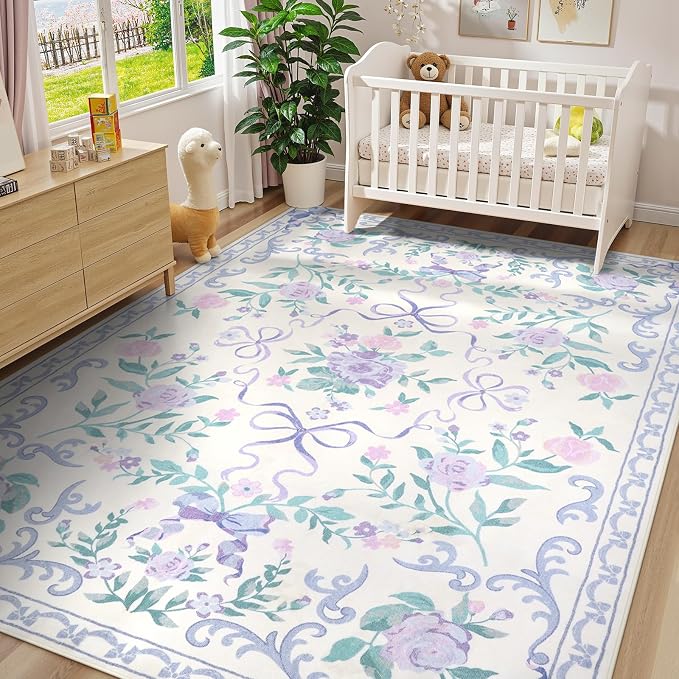 Collive Purple 8X10 Rugs for Living Room, 8x10 Bow and Floral Washable Area Rug Non Slip, Soft Boho Indoor Decor Elegant Carpet for Bedroom Kids Room Nursery Dining Room