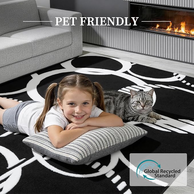 YIHOUSE Washable Black and White Living Room Rug 6x9 Area Rugs Non Slip | High and Low Pile Soft Rugs for Bedroom Dining Room, Soft Modern 3D Textured Carpet for Playroom Home Office Decor