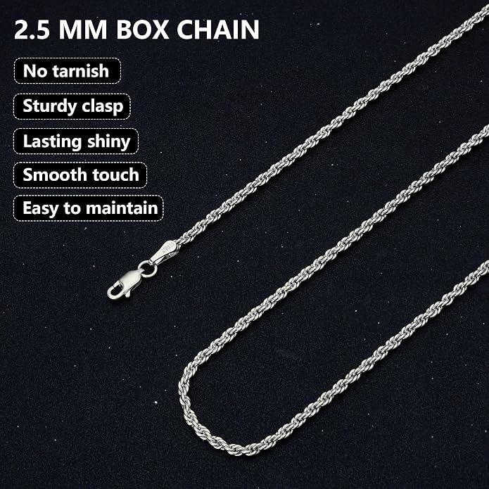 nometo Solid 925 Sterling Silver Box Chain Rope Chain Lobster Clasp Silver Chain for Men Silver Necklace Chain for Women 16/14/20/22/24/26/30 Inches