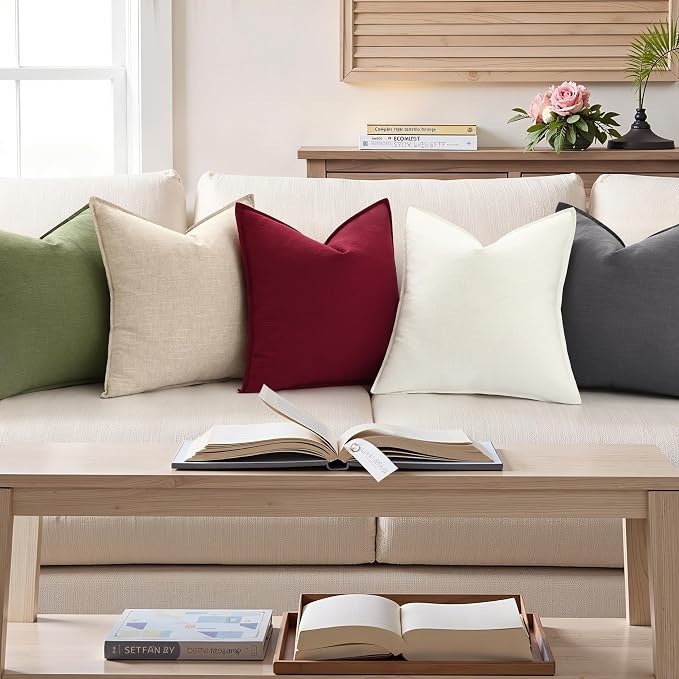 decorUhome Fall Cream White Linen Throw Pillow Covers 18x18 Set of 2 | Decorative Soft Cozy Modern Farmhouse Boho Accent Pillow Cases with Flange Edges for Couch Bed Sofa Living Room Home Decor