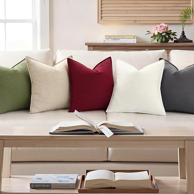 decorUhome Fall Cream White Linen Throw Pillow Covers 24x24 Set of 2 | Decorative Soft Cozy Modern Farmhouse Boho Accent Pillow Cases with Flange Edges for Couch Bed Sofa Living Room Home Decor