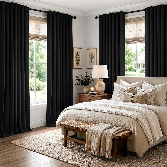MIULEE 100% Blackout Linen Curtains for Bedroom 42 x 72 Inch Black 2 Panels | Thermal Insulated, Room Darkening Drapes for Living Room, Back Tab Rod Pocket Pinch Pleated, Solid Luxury Decor