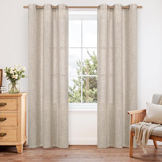 YoungsTex Natural Linen Curtains 84 Inches Long for Bedroom, Bronze Grommet Semi Sheer Window Treatments Rustic Light Filtering Drapes for Living Room Dining, 2 Panels, 42 X 84 Inch