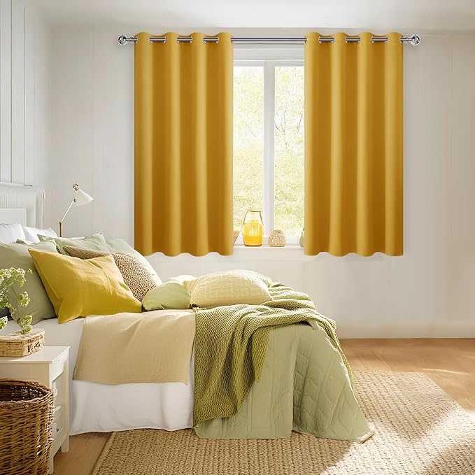 Hiasan Blackout Curtains for Bedroom, 52 x 54 Inches Long - Thermal Insulated & Light Blocking Window Curtains for Living Room, 2 Drape Panels Sewn with Tiebacks, Mustard Yellow