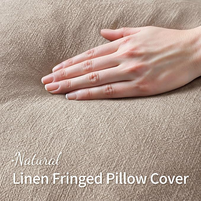 MIULEE Decorative Throw Pillow Covers Neutral Linen Fringe Throw Pillows Set of 2 Natural Linen Boho Farmhouse Cushion Covers with Tassels for Couch Sofa Bed Spring Home Decor 18x18 Inch