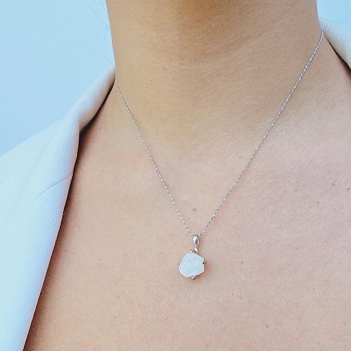 Natural raw gemstone pendant chain necklace with white gold over 925 solid sterling silver, birthstone dainty solitaire gift for her, uniquelan jewelry