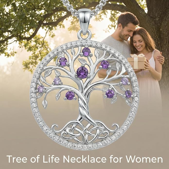 ONEFINITY Tree of Life Necklace 18k White Gold Plated Tree of Life Birthstone Pendant Necklace Birthstone Jewelry Anniversary Birthday Gifts for Women Men