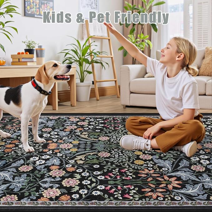 Area Rug Living Room Rugs: Floral 3x5 Washable Rug Vintage Soft Boho Non-Slip Carpet Indoor Floor Stain Resistant Large Carpets for Bedroom Dining Room Farmhouse Nursery Hallway Dark Black