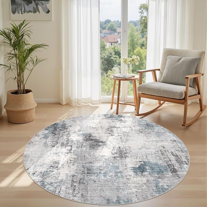 Abstract 5FT Round Rug: Machine Washable Non Slip Ultra Thin Low-Pile Carpet, Soft Stain Resistant for Living Room Bedroom Nursery, Kid Pet Friendly, Robot Vacuum Compatible - Grey Blue
