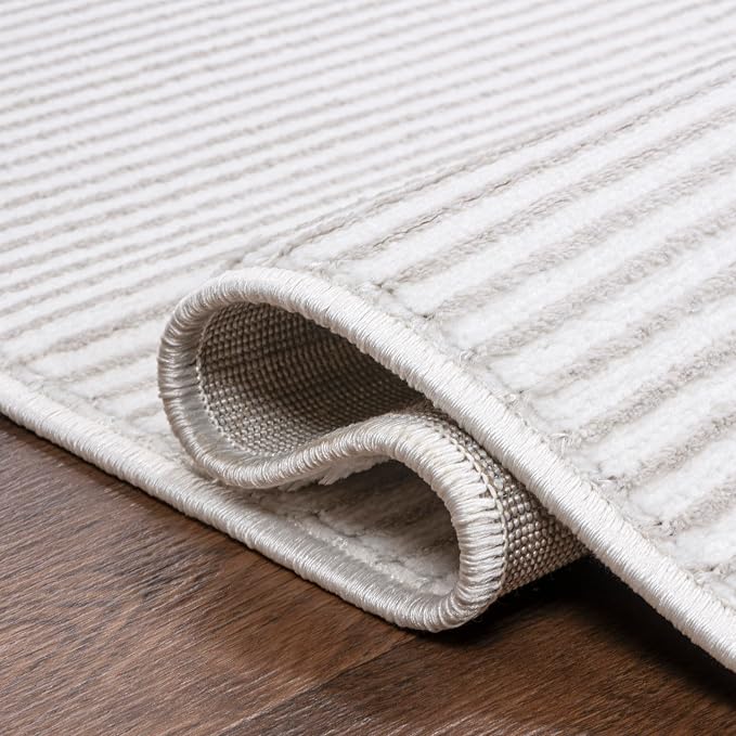 JONATHAN Y Cole Pinstripe High-Low White/Silver Indoor Area Rug, 5x8, Modern, Minimalist, Easy-Cleaning for Living Room, Bedroom, Kitchen, Pet Friendly, Non-Shedding (CAR101C-5)