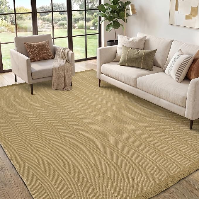 5x8 Washable Boho Area Rug with Tassels for Living Room Yellow Beige | Vacuum Friendly, Machine Washable, Non-Slip Rug, Modern Farmhouse Neutral Decor Carpet, Bedroom Dining Room Office Kitchen