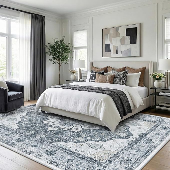 RELEANY Area Rugs 8'x10' Washable Non-Slip, Floral Vintage Distress Medallion Carpet for Living Room Bedroom Dining Room, Light Gray Grey White