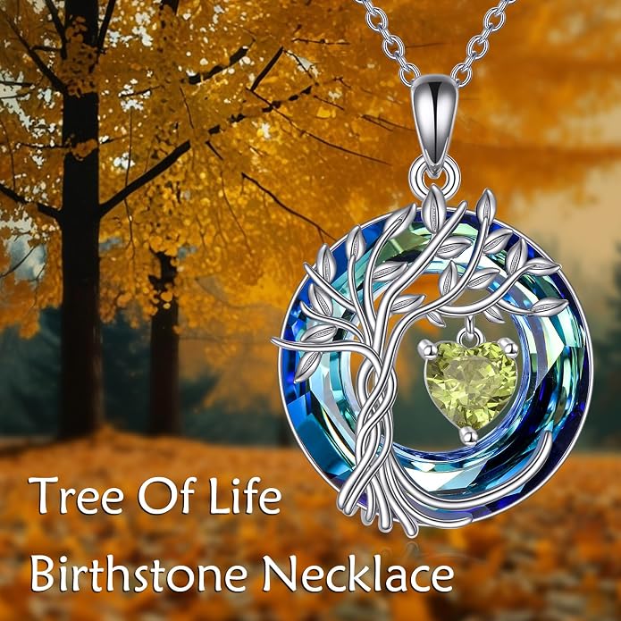 POPLYKE Mothers Day Gifts for Mom Her Wife Tree of Life Necklace 925 Sterling Silver Birthstone Pendant with Crystal Anniversary Birthday Wedding Jewelry for Women