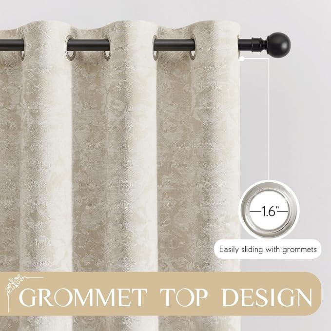Beauoop Beige Floral Jacquard Blackout Curtains for Bedroom 52x72 2 Panels | Flower Chenille Room Darkening Drapes for Living Room 72 Inch Long Thermal Insulated Soundproof Window treatment Grommet