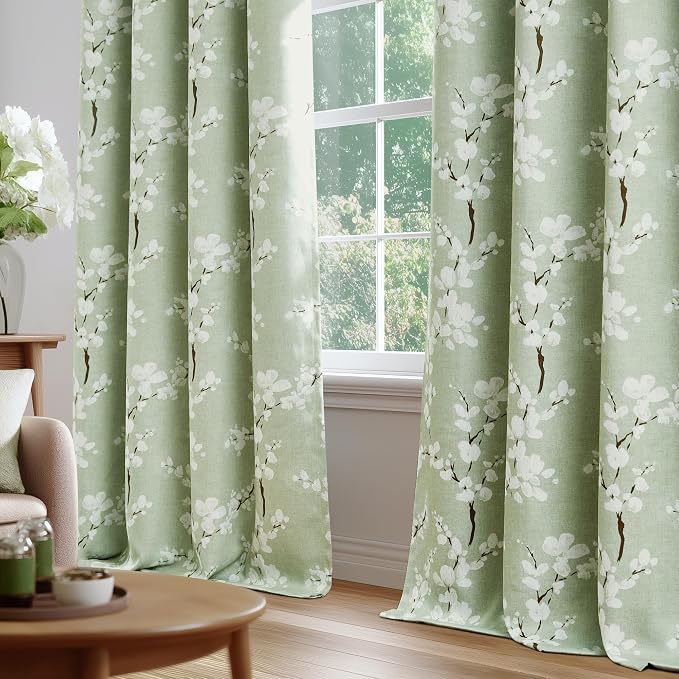 FMFUNCTEX 100% Blackout Green Floral Curtains 84 Inch Grommet 2 Panels | Black Out Drapes, Thermal Insulated Cottage Farmhouse, Blossom Flower Patterned Curtain for Bedroom, Living Room Darkening