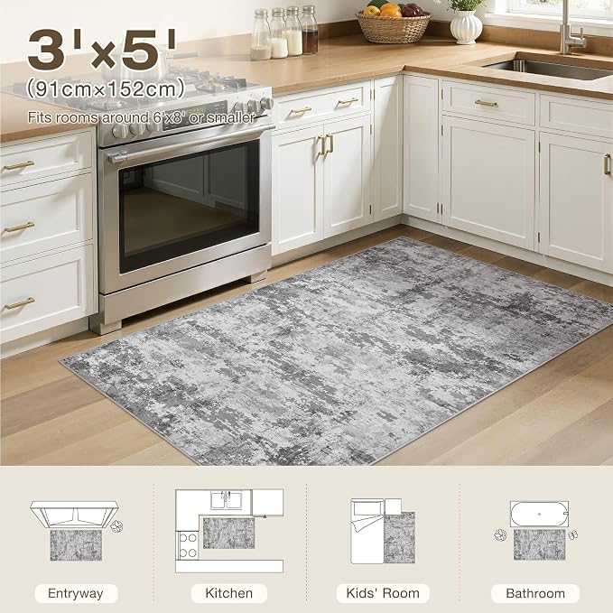 Neutral Washable Area Rug 3x5, Abstract Small Rugs for Entryway | Neutral Modern Non Slip Carpet, Stain Resistant and Joint-Friendly, Made for Bedroom, Kitchen, Indoor Front Door - Dark Gray