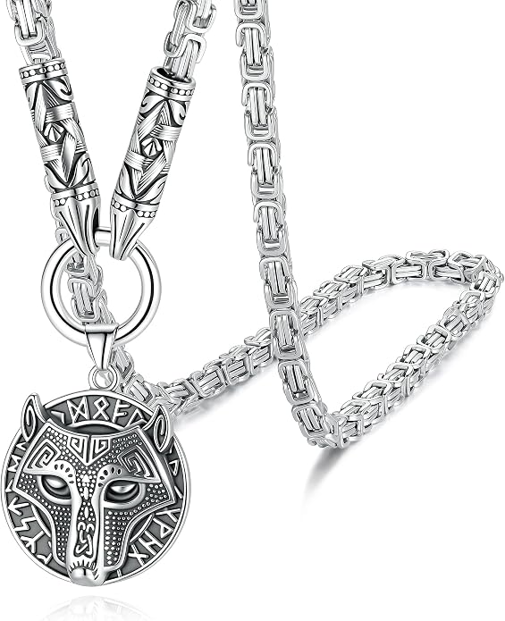 ROWIN&CO Viking Necklace for Men, Stainless Steel Nordic Runes Wolf Head Spearhead & Trinity Knot Pendant with Byzantine Chain Amulet, Norse Mythology Pagan Gothic Biker Jewelry Gift