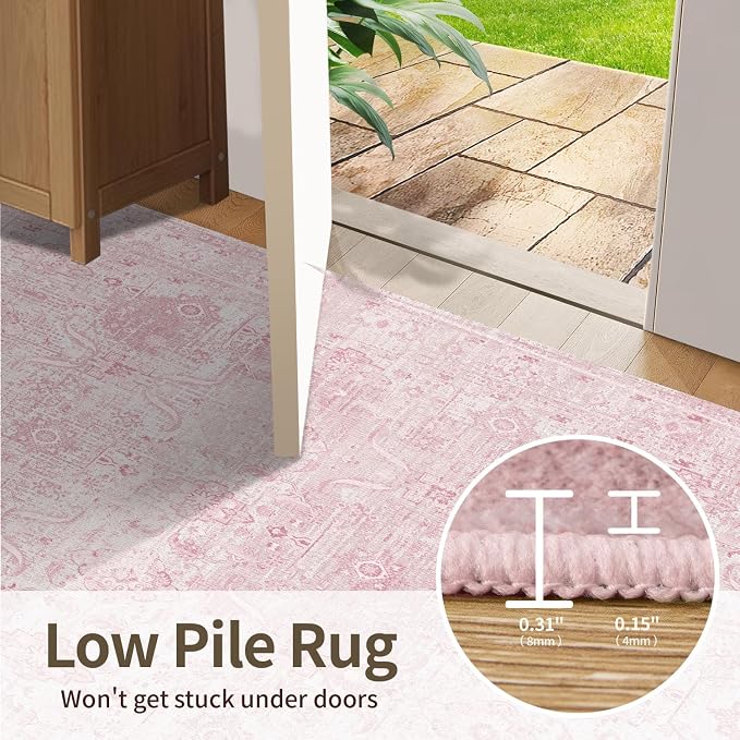 Rugxara Pink 8x10 Area Rugs for Living Room Bedroom Large Washable Rug | Non Slip, Rug for Dining Girls Room Office, Stain Resistant, Soft, Low Pile, Vintage Boho Retro Carpet, Washable,Home Decor