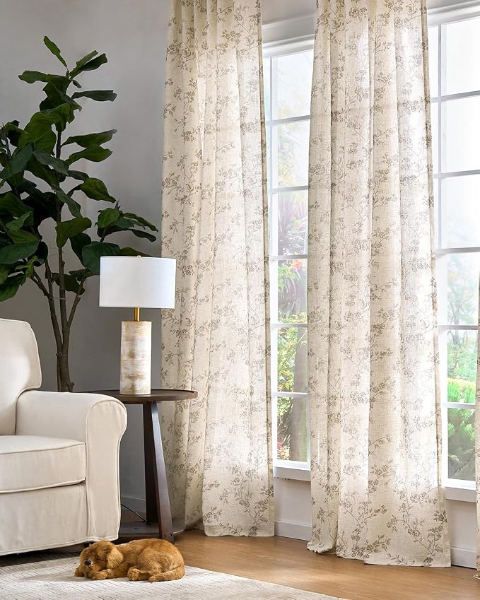 jinchan Taupe Floral Linen Curtains 108 Inch Extra Long Back Tab 2 Panels | Flower patterned drapes, farmhouse, french country, light filtering, semi sheer, bedroom, living room, office, home decor