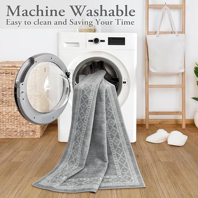 Lahome Modern Bordered Machine Washable Rug, Ultra-Thin 3x5 Rugs for Entryway Bedroom, Non-Slip Stain Resistant Small Carpet for Laundry Entrance (3'x5',Grey)