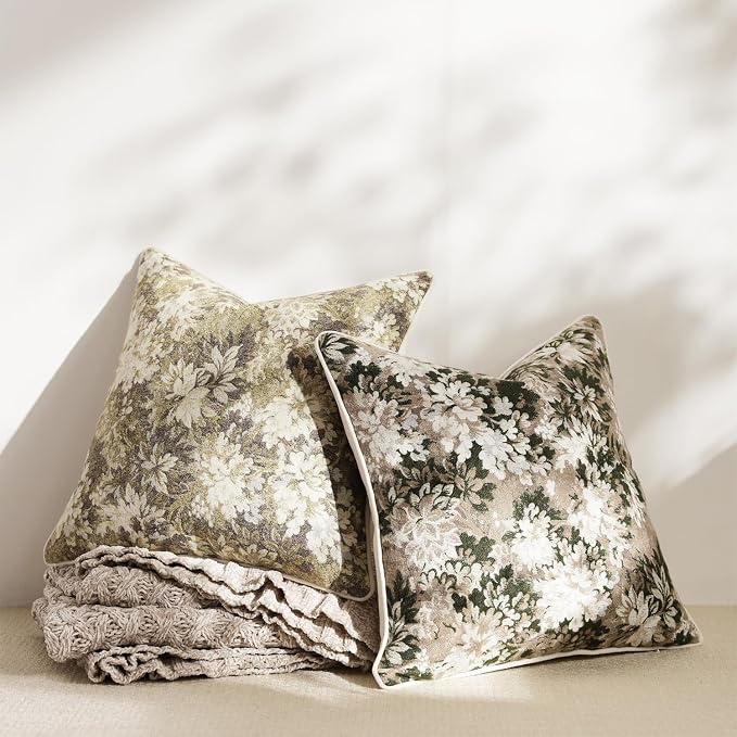 DEZENE Pack of 2 Vintage Floral Throw Pillow Covers 20x20 Boho Farmhouse Accents Chenille Square Decorative Pillow Cases for Living Room Couch Bed Home Decor, Green and Taupe