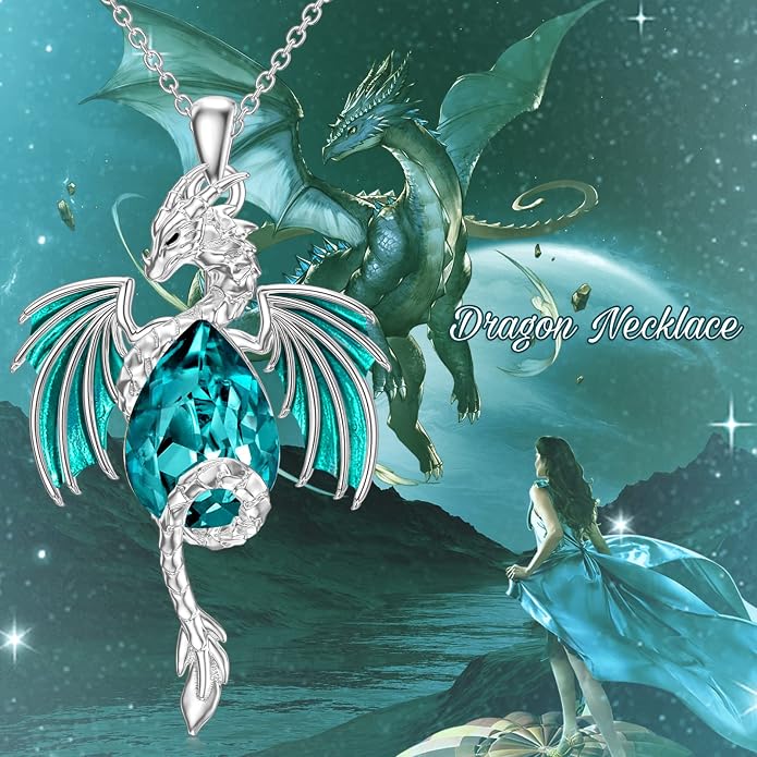 Dragon Necklace for Men Sterling Silver Birthstone Wyvern Necklace Embllished with Teardrop Shaped Crystal Jewelry for Women