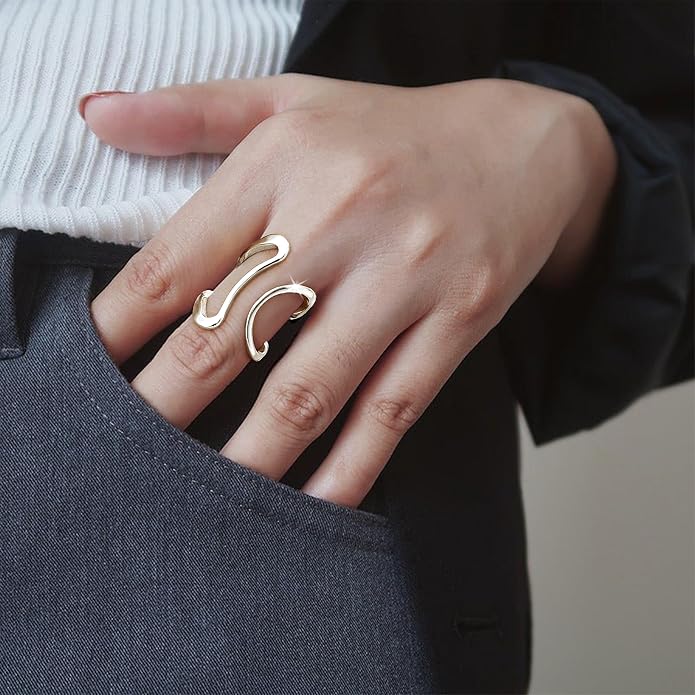 Gelbesty Waterproof Gold Statement Rings for Women, 14K Gold Plated Chunky Open Stackable Rings Non Tarnish Fashion Adjustable Stainless Steel Pinky Knuckle Signet Vintage Ring Jewelry Size 5-11