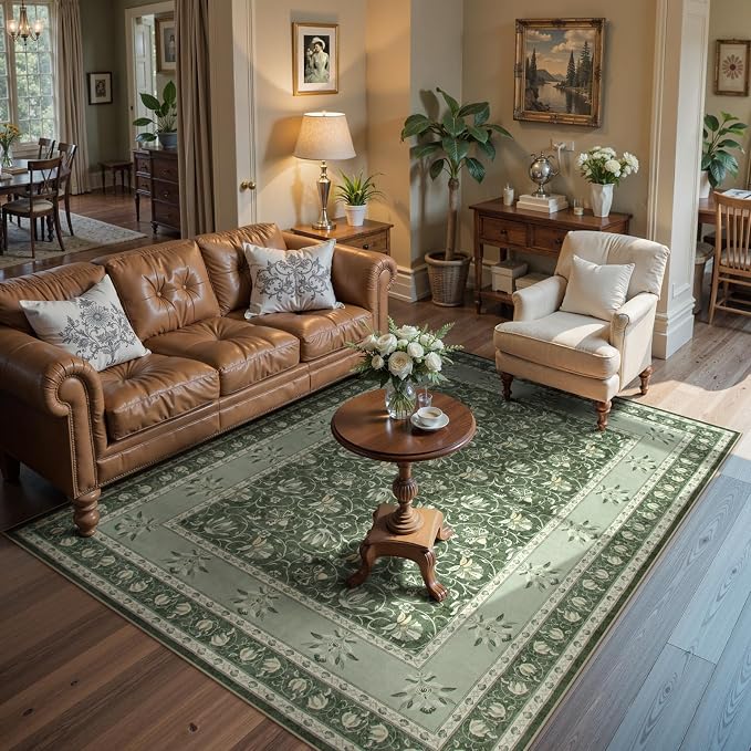 Lahome Floral Green Rugs for Bedroom, Non Slip Washable Rugs 5x7 Rug for Living Room, Stain Resistant Vintage Floral Rug for Dining Room Office (5'x7', Green)