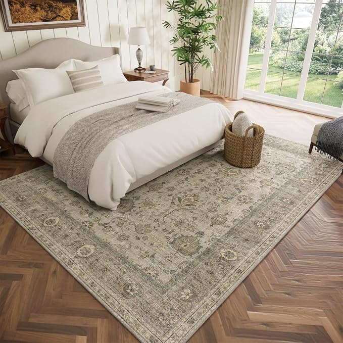 Boho Washable 5x7 Area Rugs for Living Room, Cushioned, Flaxen/Tan | Vintage Non-slip Rugs for Bedroom Dining Room Nursery Office, 0.3" Neutral Oriental Throw Thin Carpet, Flaxen/Tan
