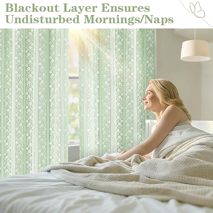 ASPMIZ Sage Green Blackout Curtains for Bedroom 63 inch Long, Double Layer Curtains with Lace Overlay, Light Blocking Grommet Drapes for Living Room Thermal Insulated Window Curtain Set of 2, 52x63