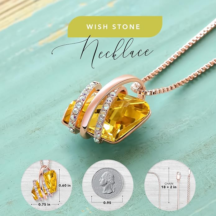 Leafael Wish Stone Pendant Necklace with Birthstone Crystal, 18K Rose Gold Plated/Silvertone, 18" + 2"