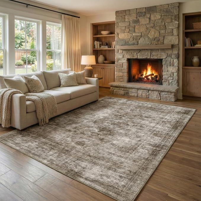Homemate Washable Rug 5x7 Area Rugs - Vintage Faux Wool Rugs for Living Room Bedroom Dining Room - Non Slip Foldable Carpet Indoor Area Rug for Home Decor（5'x7', Brown